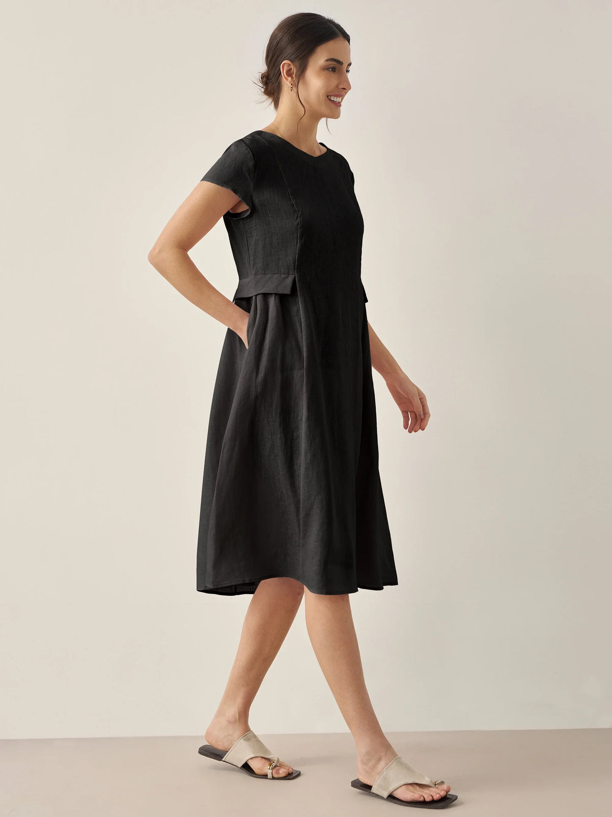 100% Linen Natural Summer V-Neck Dress ALEXA