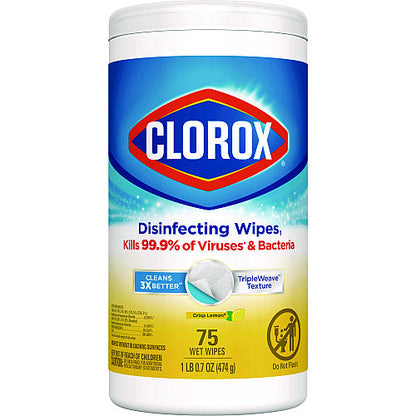 Clorox Disinfecting Wipes, 1-Ply, 7 x 7.75, Crisp Lemon, White, 75/Canister, 6 Canisters/Carton (01628)