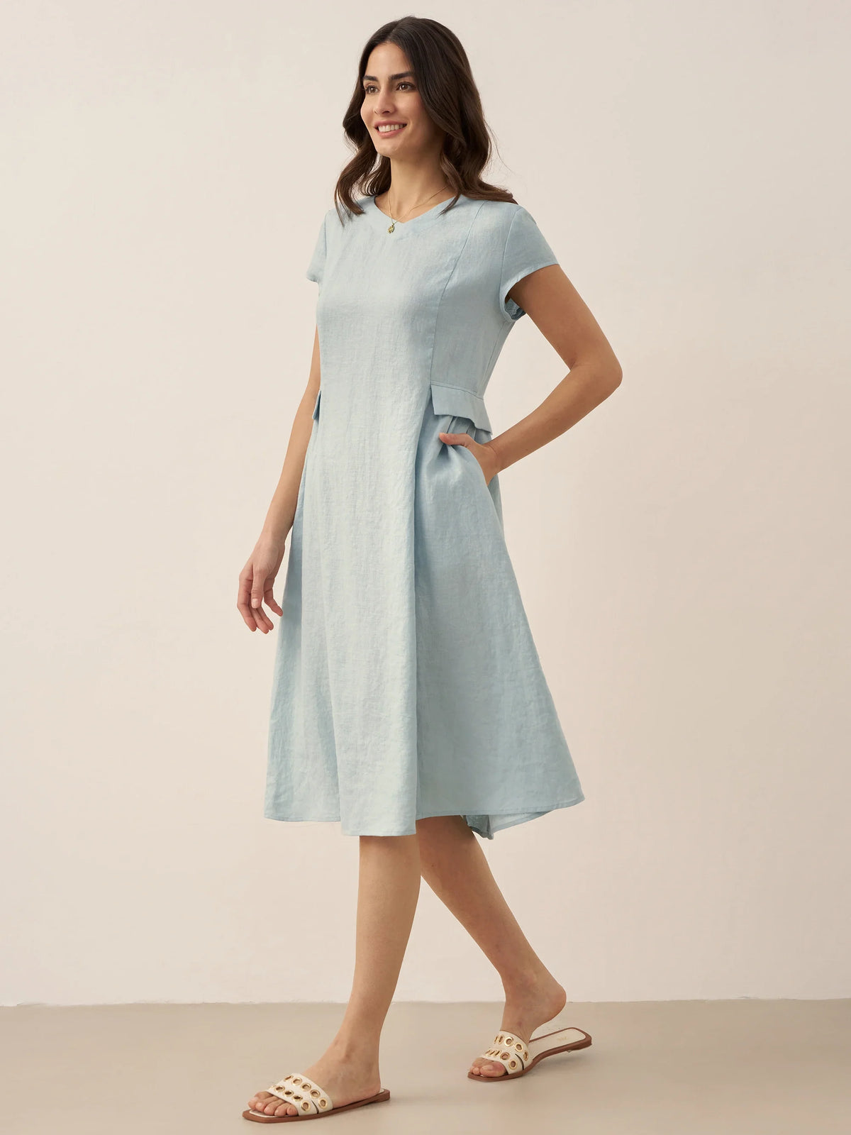 100% Linen Natural Summer V-Neck Dress ALEXA