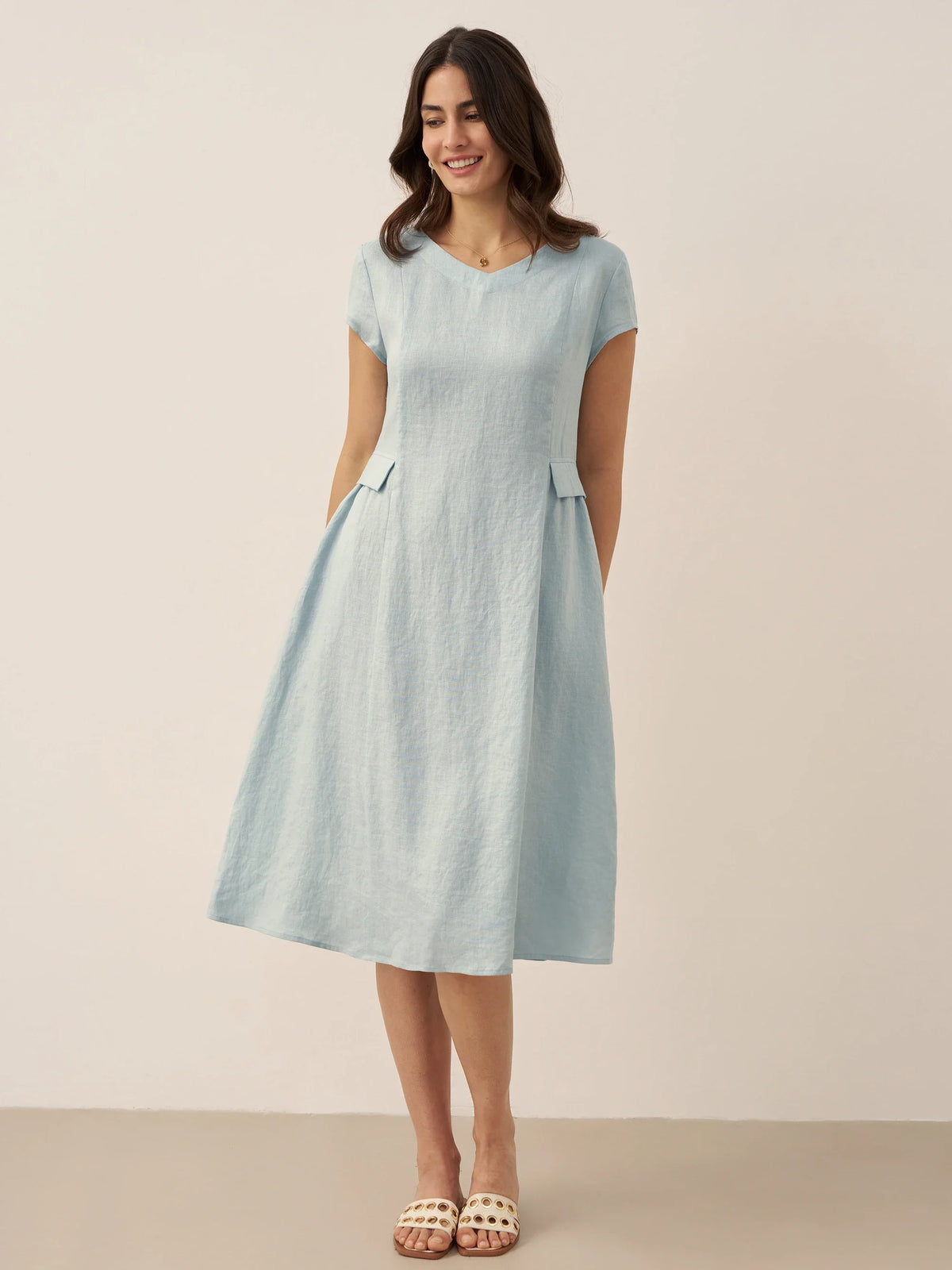 100% Linen Natural Summer V-Neck Dress ALEXA
