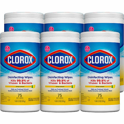 Clorox Disinfecting Wipes, 1-Ply, 7 x 7.75, Crisp Lemon, White, 75/Canister, 6 Canisters/Carton (01628)