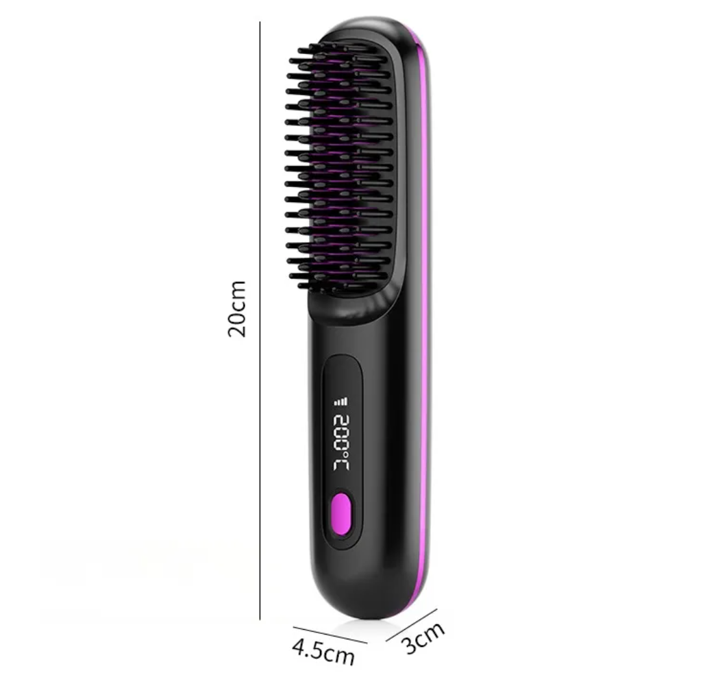 Black and Pink hair straightening brush with measurements on a white background 